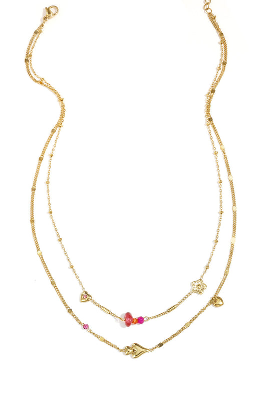 Double necklace with hearts, beads and flowers