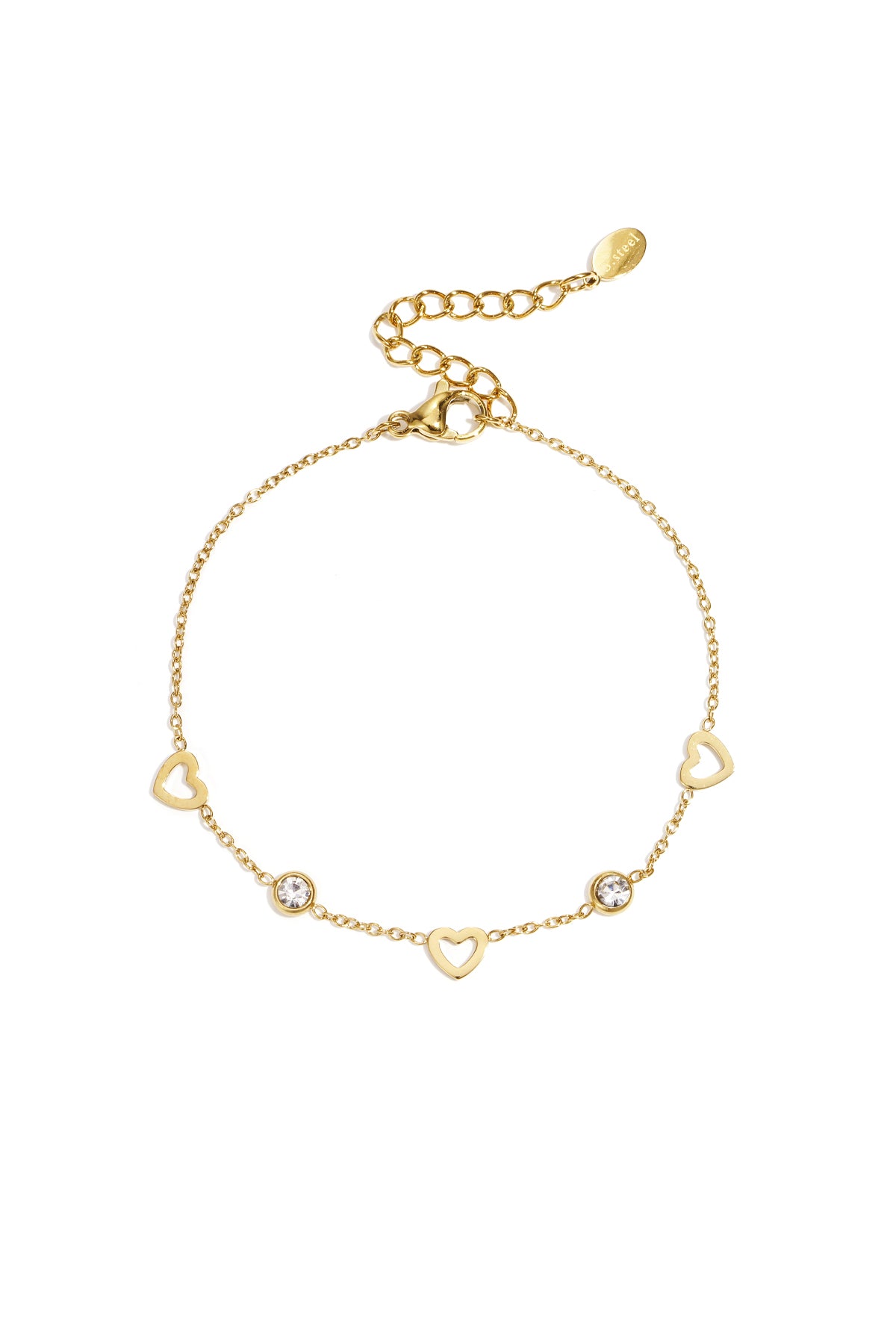 Gold delicate chain bracelet with open heart charms and small clear rhinestones on a white background