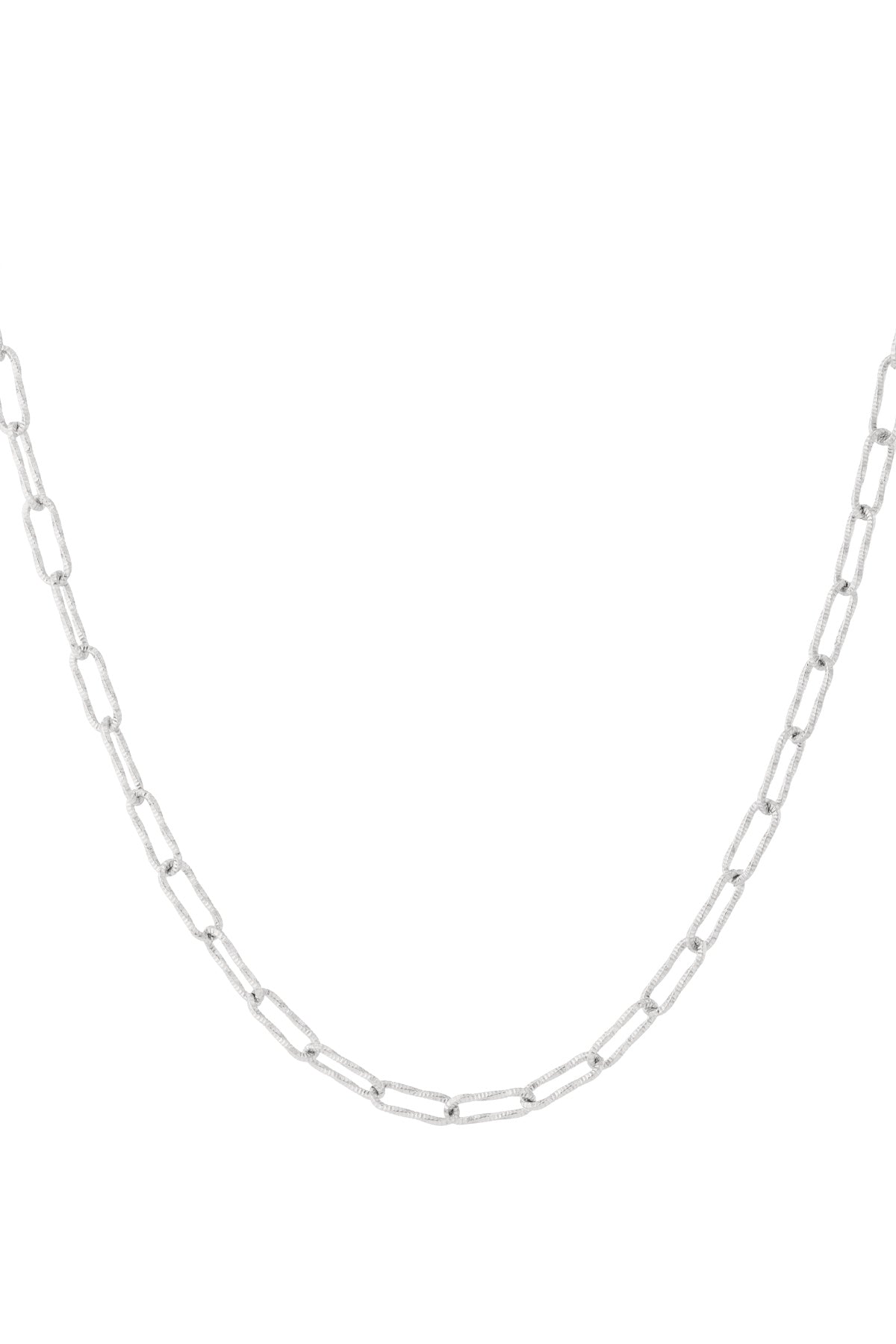 Silver textured rectangular link chain necklace isolated on white background