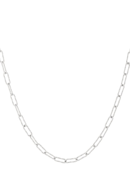 Silver textured rectangular link chain necklace isolated on white background