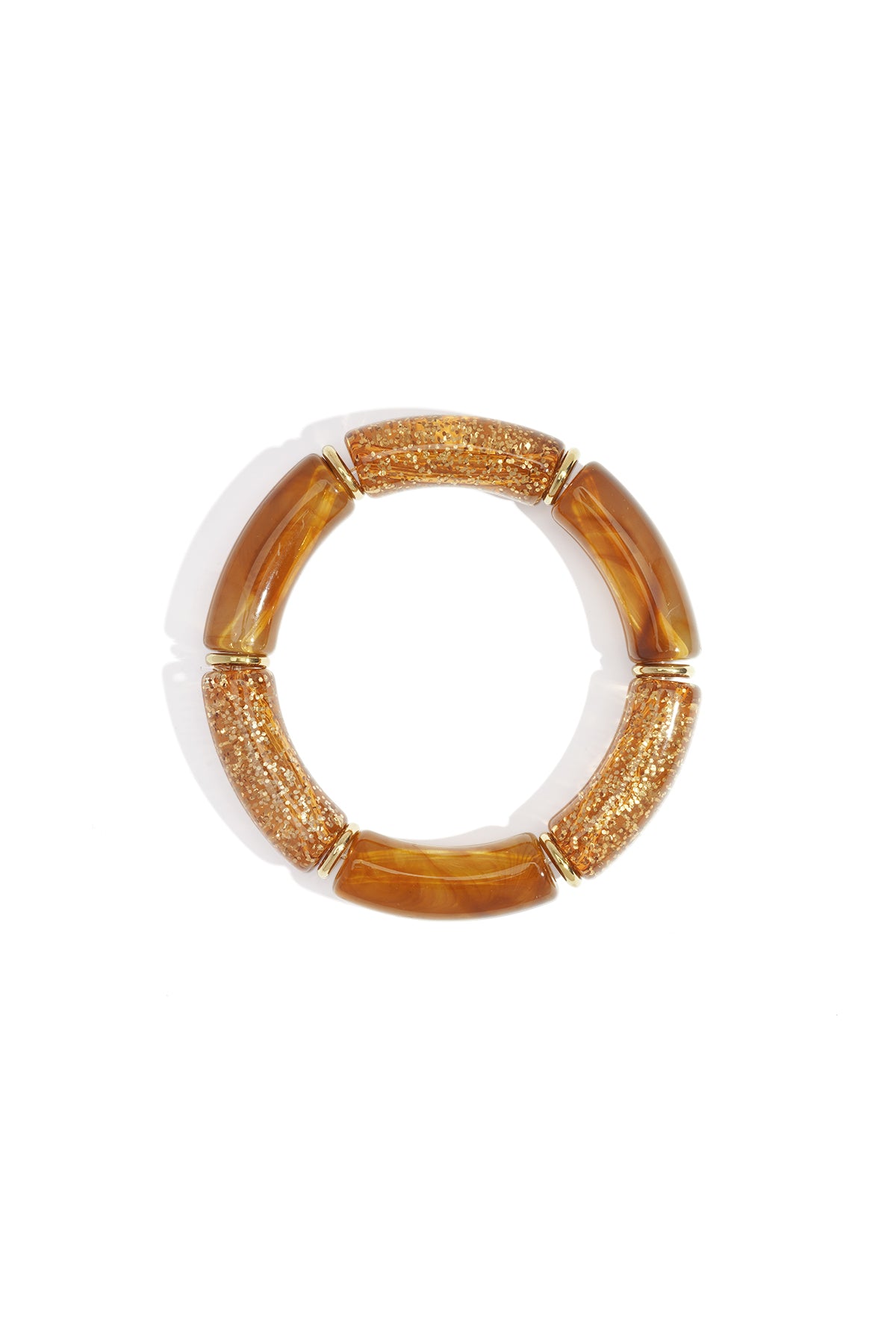 Amber glitter and marbled resin beaded stretch bracelet with gold-tone spacers on white background