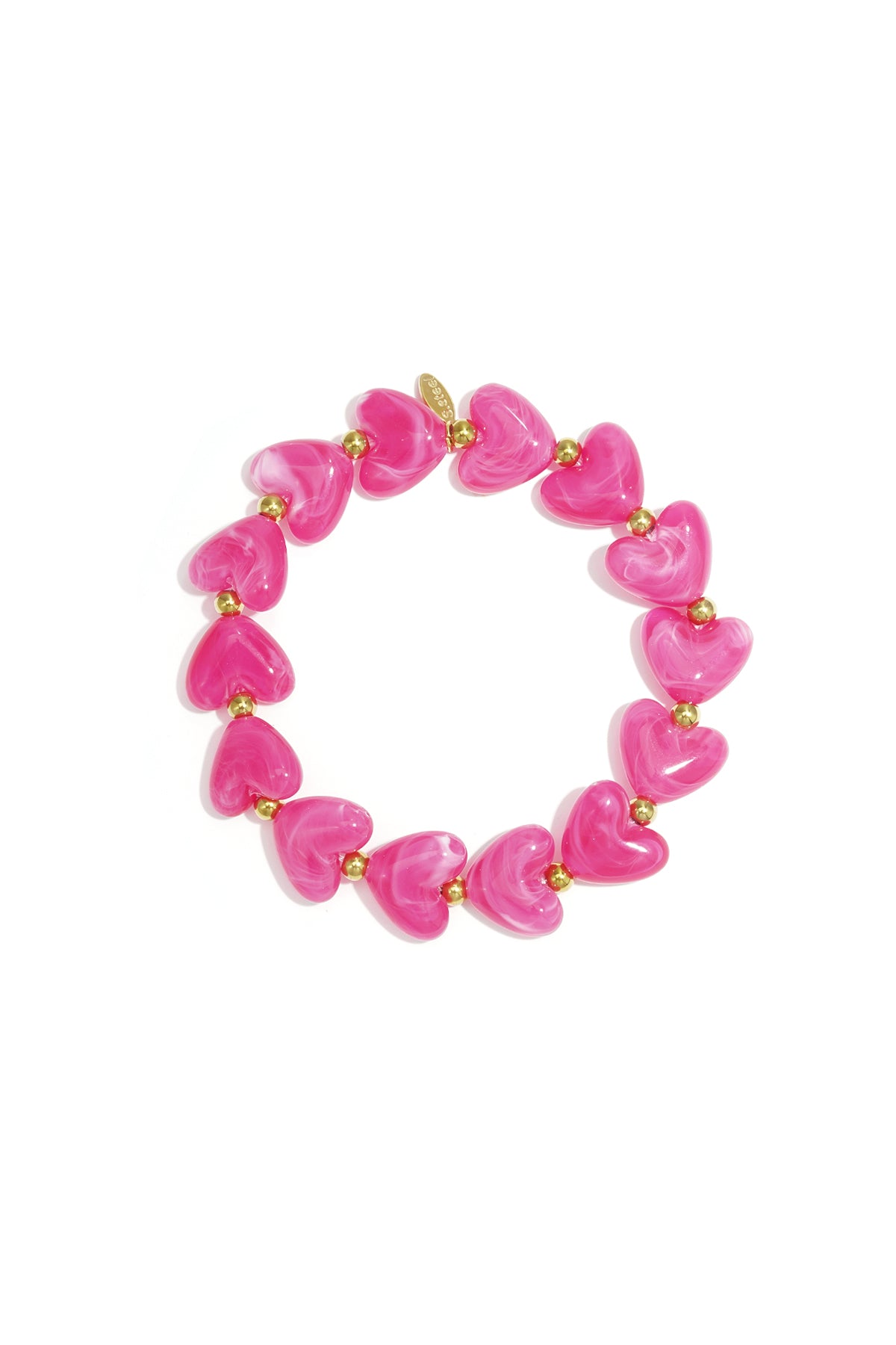Stretch bracelet featuring pink marbled heart-shaped beads separated by small gold-tone spheres on a white background.