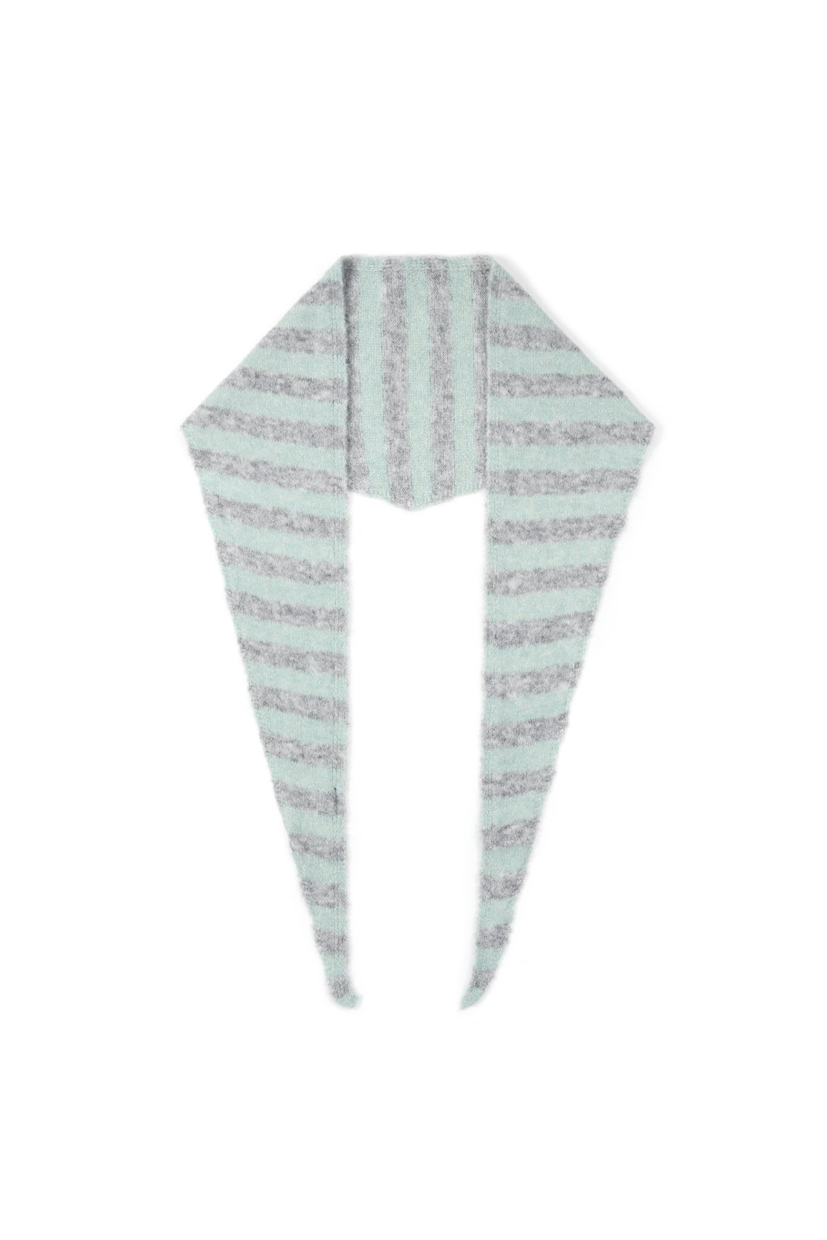 Mint green and gray striped knit neck scarf laid flat with pointed ends.