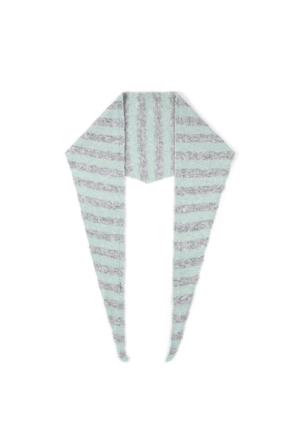 Mint green and gray striped knit neck scarf laid flat with pointed ends.