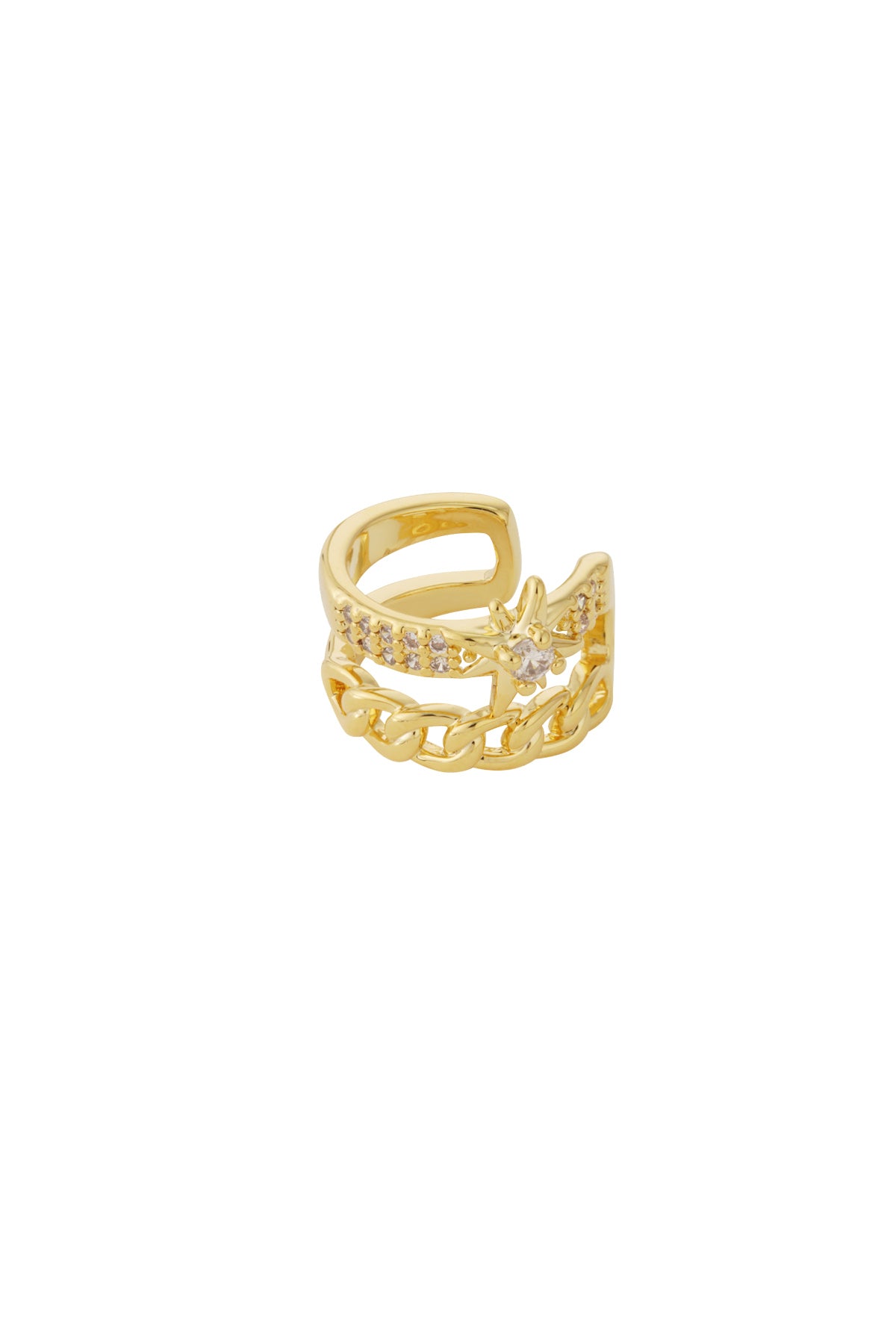 Close-up of gold star and chain link women's ear cuff with zircon stones on white background