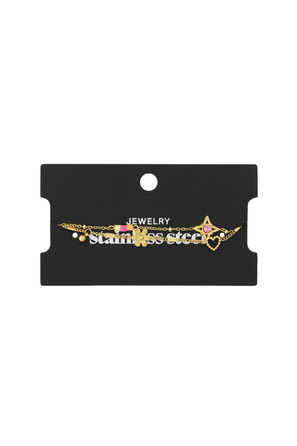 Gold stainless steel charm bracelet on a black display card, featuring a star, flower, heart, and colorful enamel links.