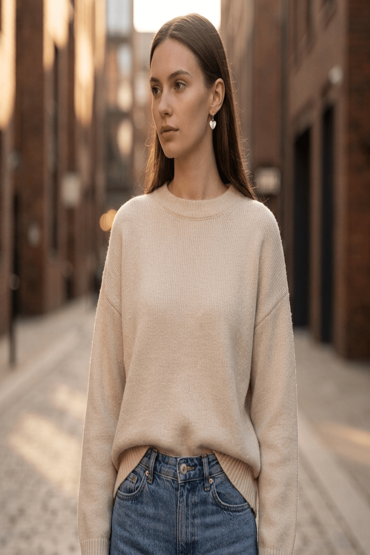 Full-body view of a female model wearing delicate silver radiant heart drop earrings styled for casual outdoor wear with natural light.