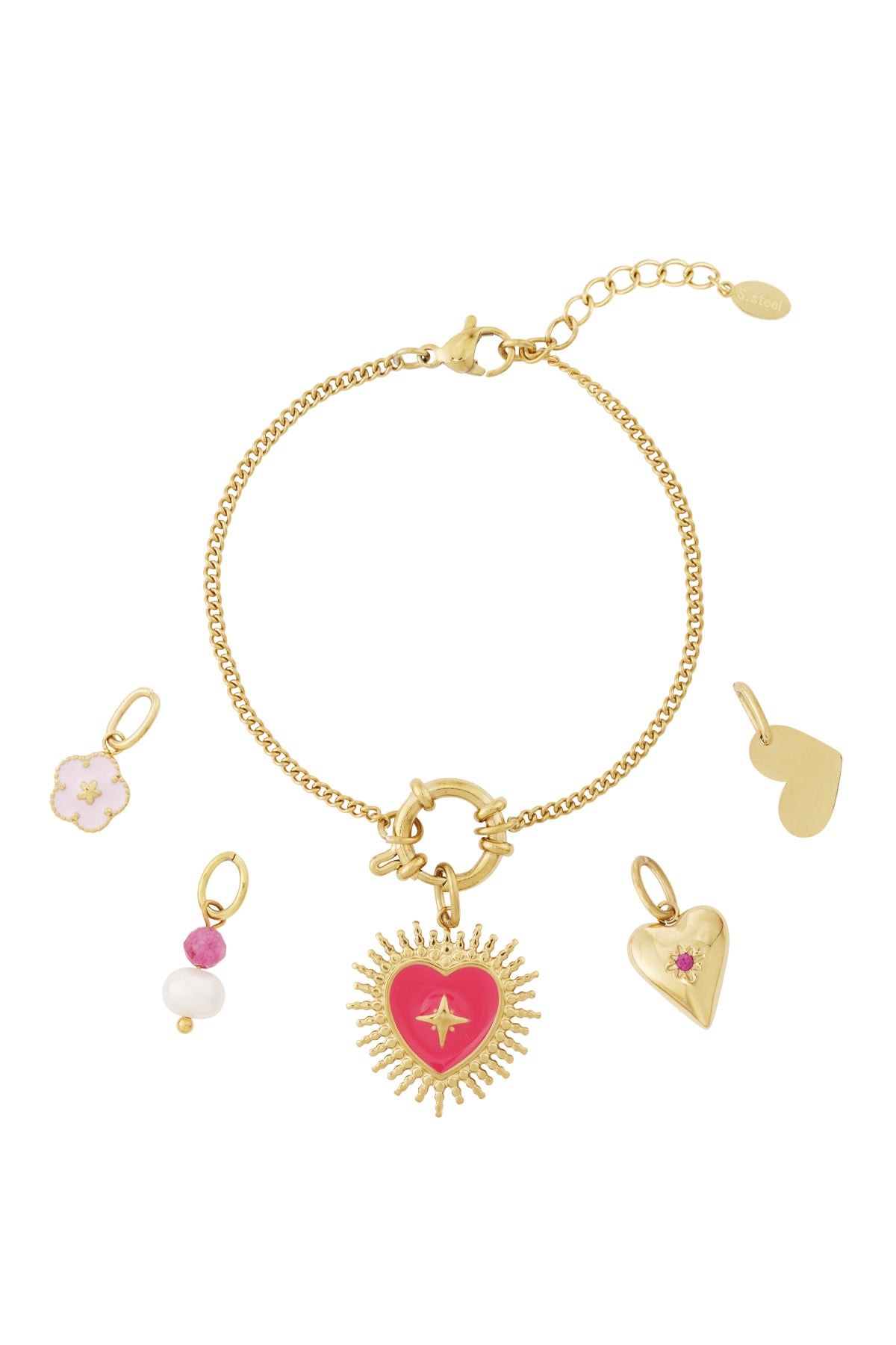 Gold charm bracelet with five separate charms including pink heart sunburst, pearl bead, pink flower, and two gold hearts on white background