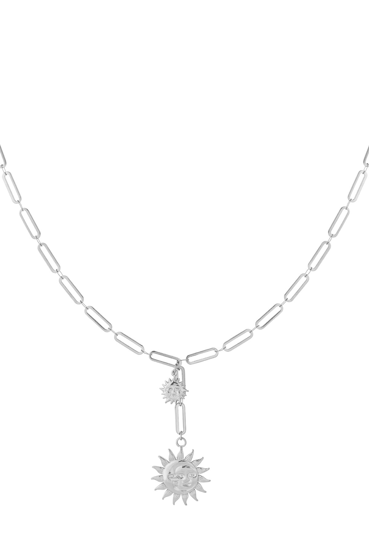 Silver dual sun pendant necklace with elongated chain links on white background