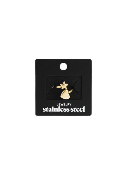 Gold stainless steel Starry Heart Stack ring featuring a star and heart charm on a black jewelry display card.