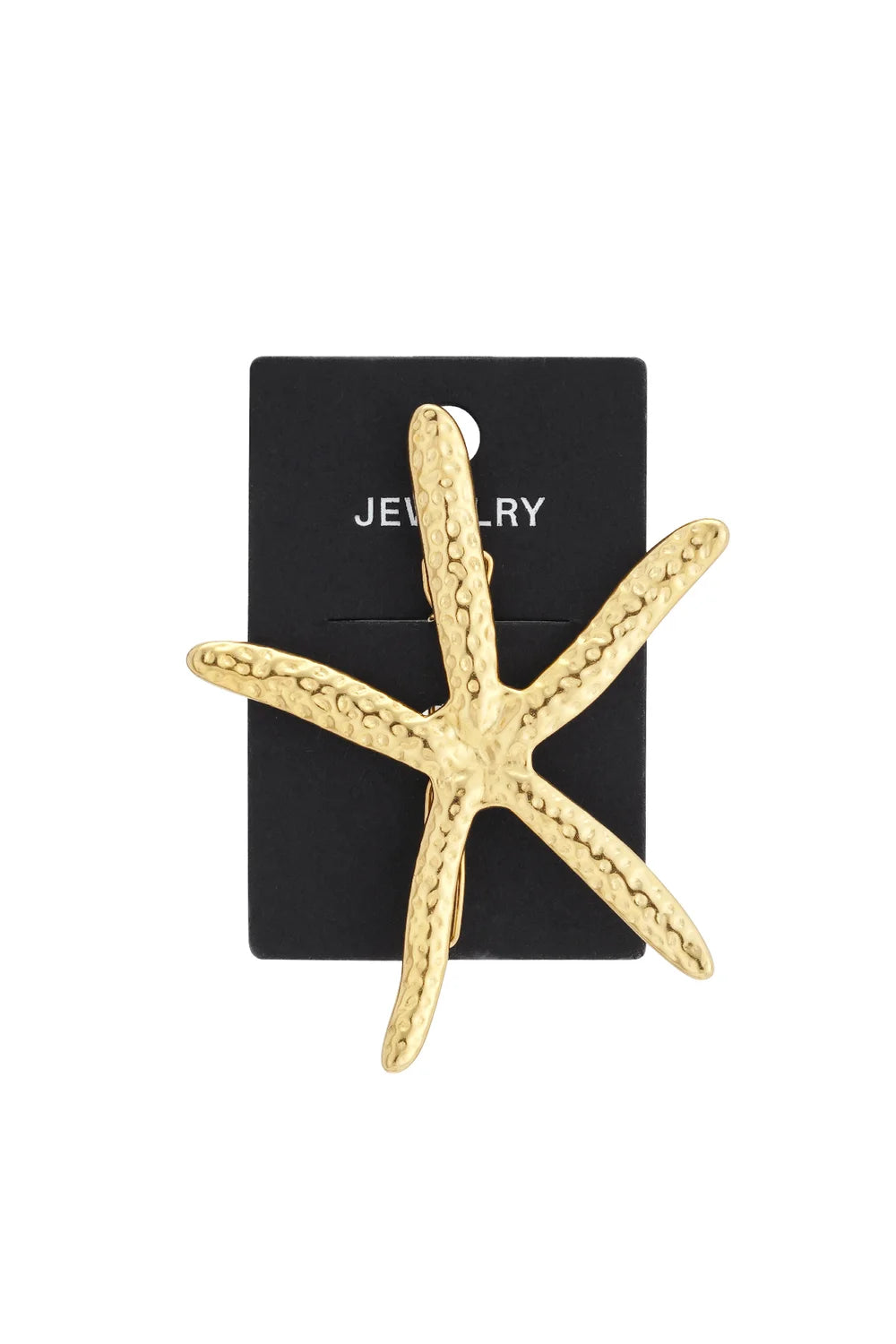 Gold-tone starfish brooch featuring a textured, pitted surface, mounted on a black display card.