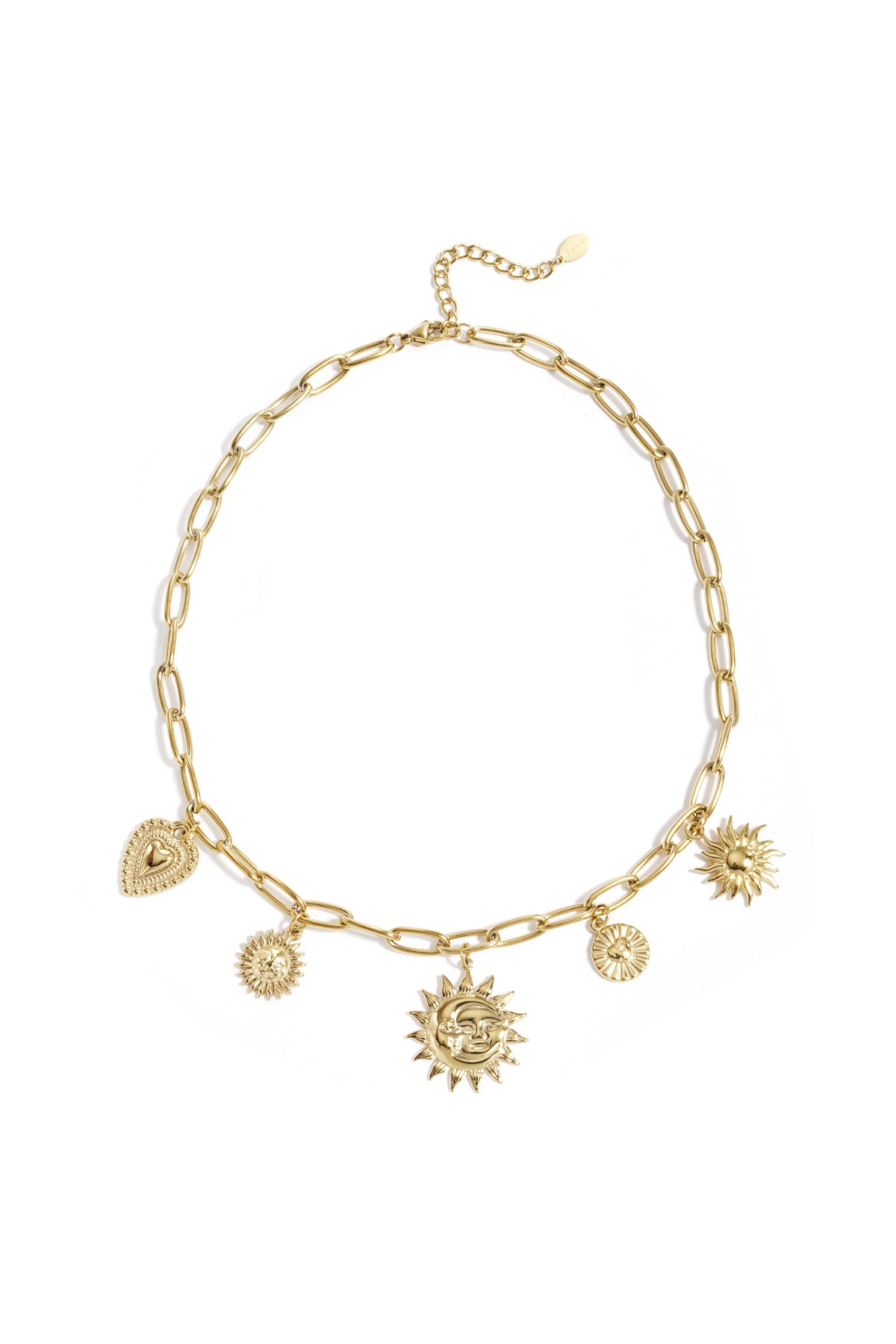 Gold-tone chunky chain necklace with sun and heart charms laid flat on white background