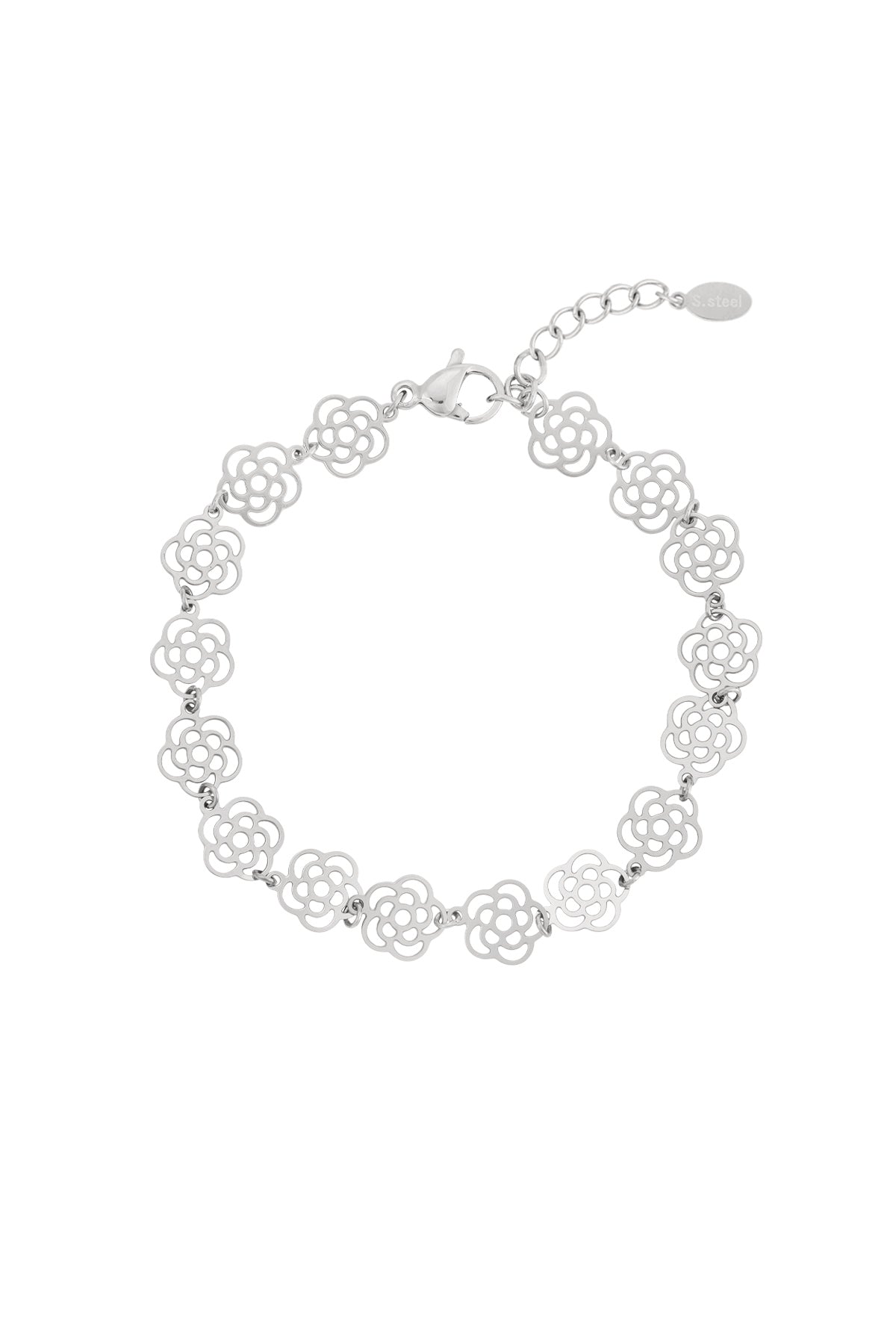 Silver tone delicate rose link bracelet with lobster clasp and adjustable chain on white background