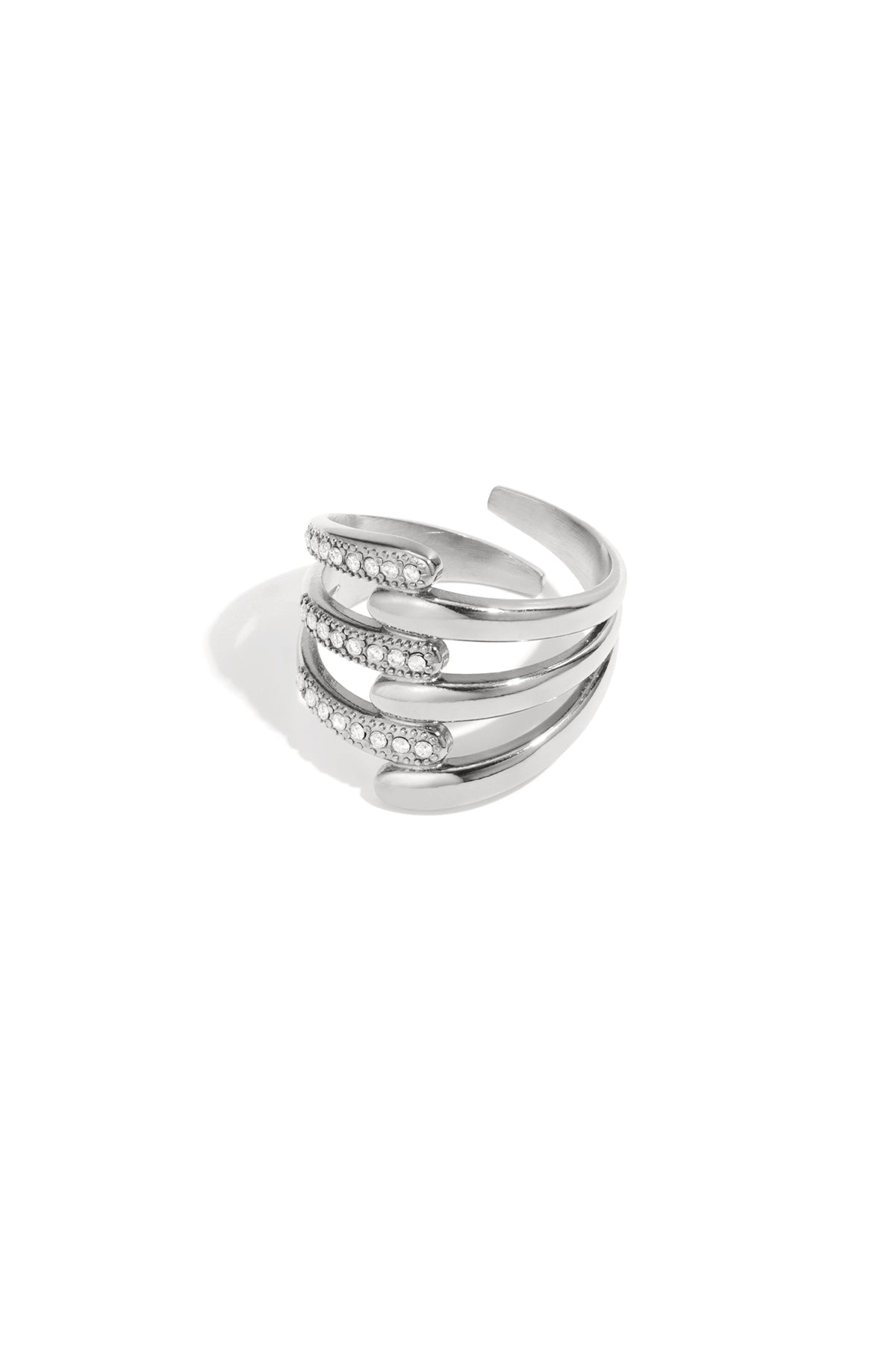 Silver-tone multi-band statement ring with rhinestone accents on white background