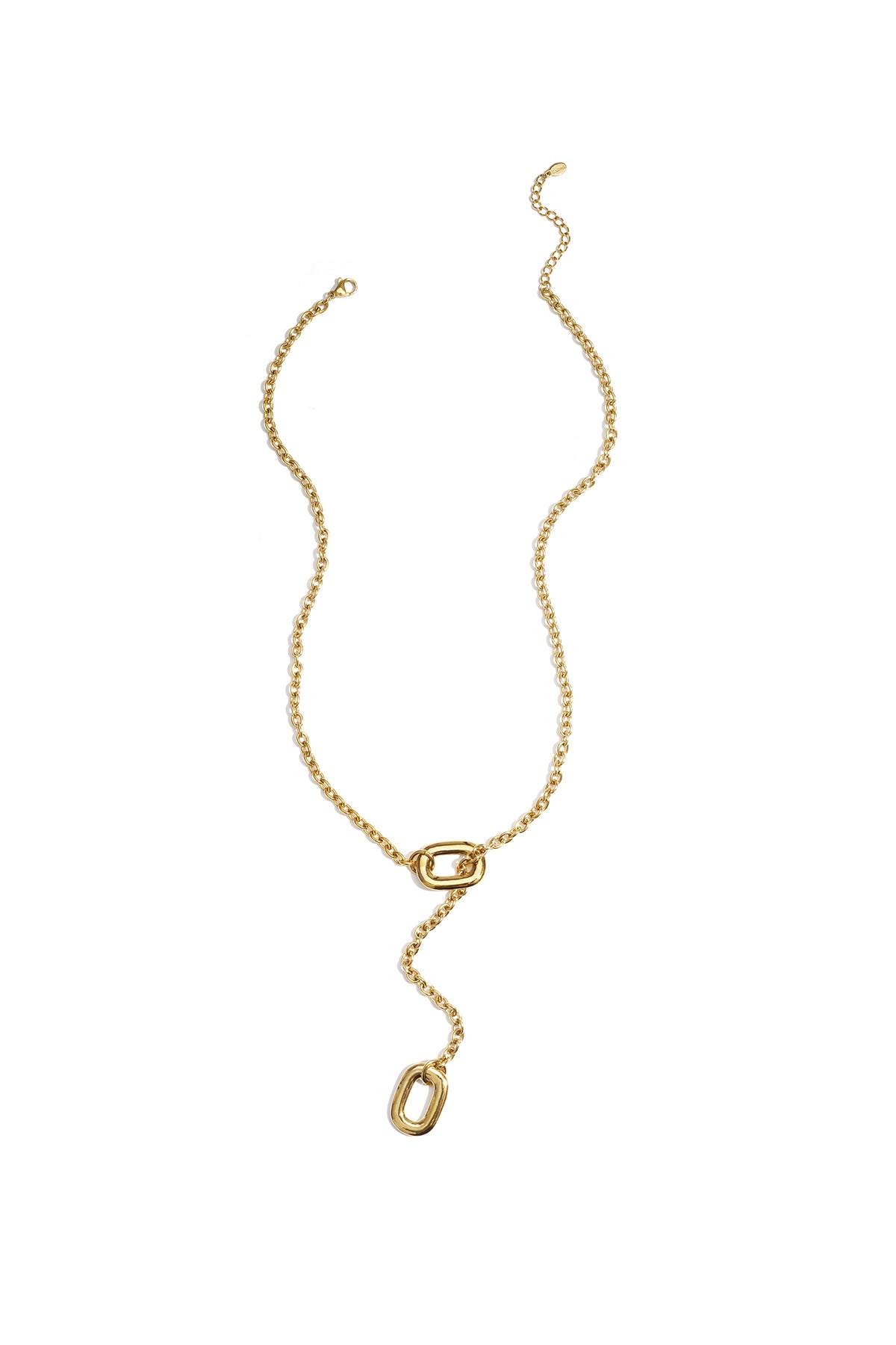Gold Y-shaped chain necklace with smooth, rounded rectangular links laid flat on a white background