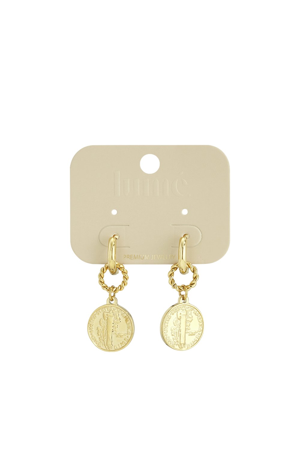 Gold vintage coin hoop earrings with a twisted metal link, displayed on a branded beige jewelry card.