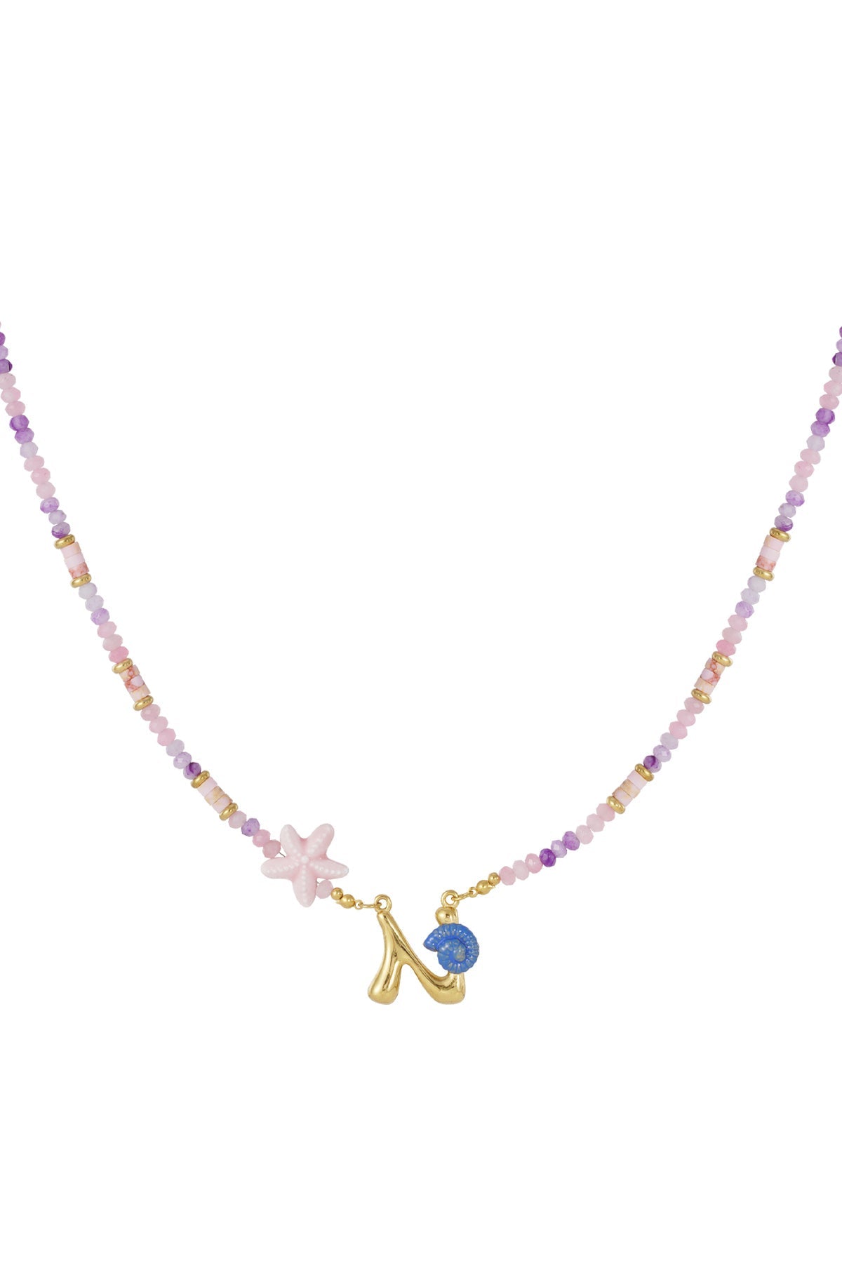Initial charm beaded necklace with pink and purple beads, gold letter 'N', a pink starfish, and blue seashell charm.