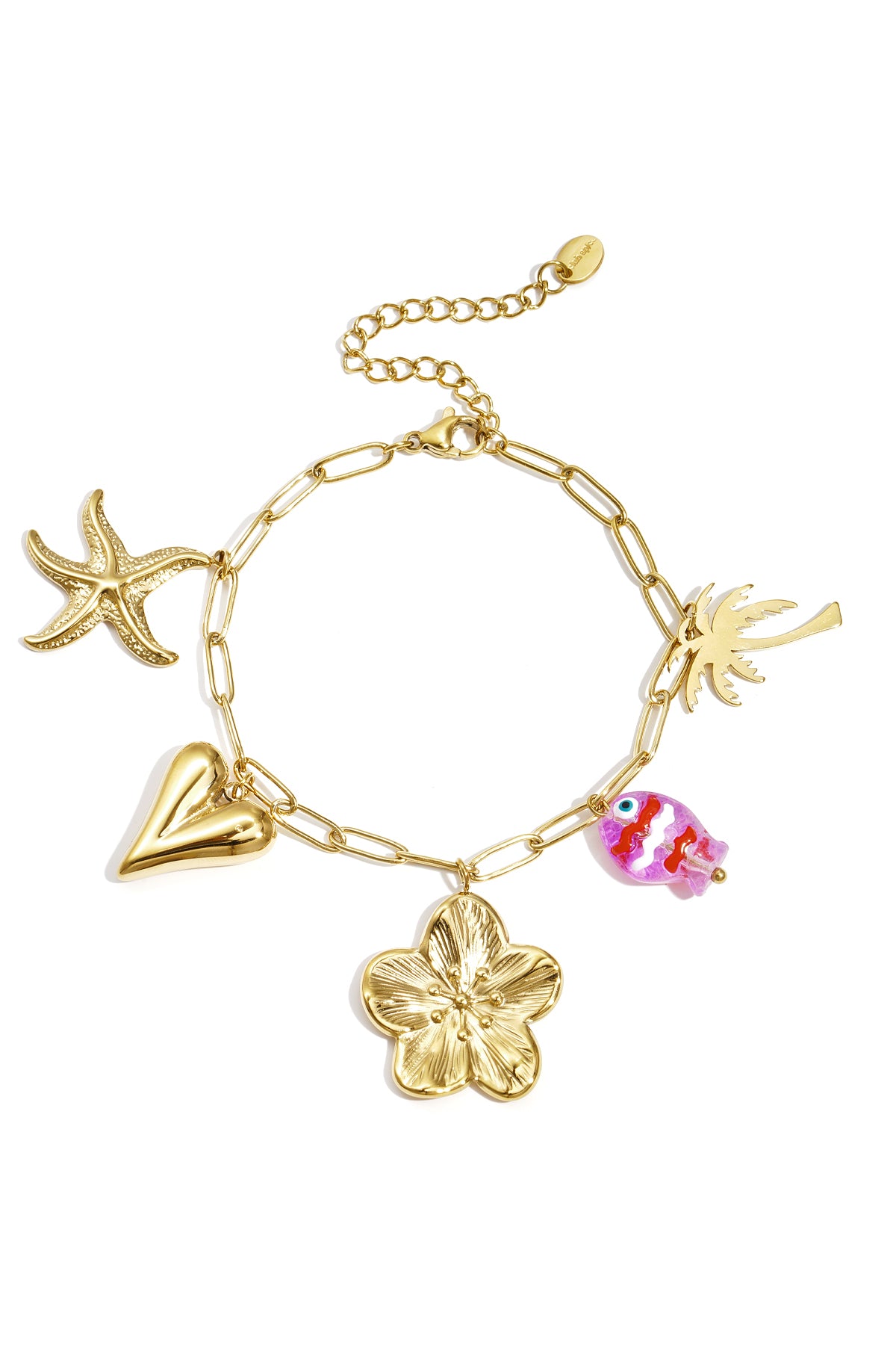Gold link charm bracelet with starfish, heart, flower, palm tree, and colorful fish charms on white background