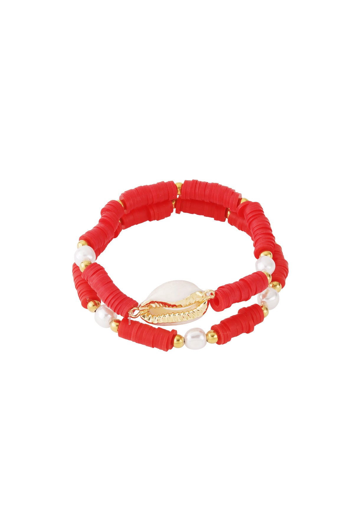 Red shell beaded bracelet set with gold-tone shell centerpiece and pearl accents on white background