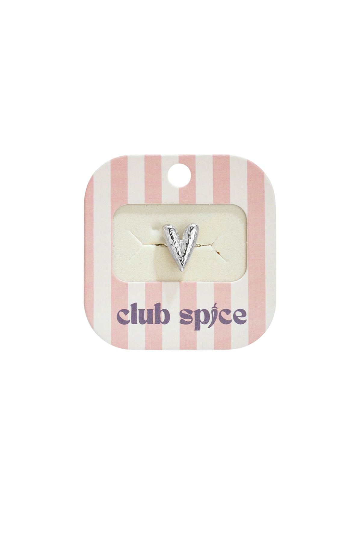 Silver-tone version of the hammered heart ring on a pink-striped branded card from Club Spice