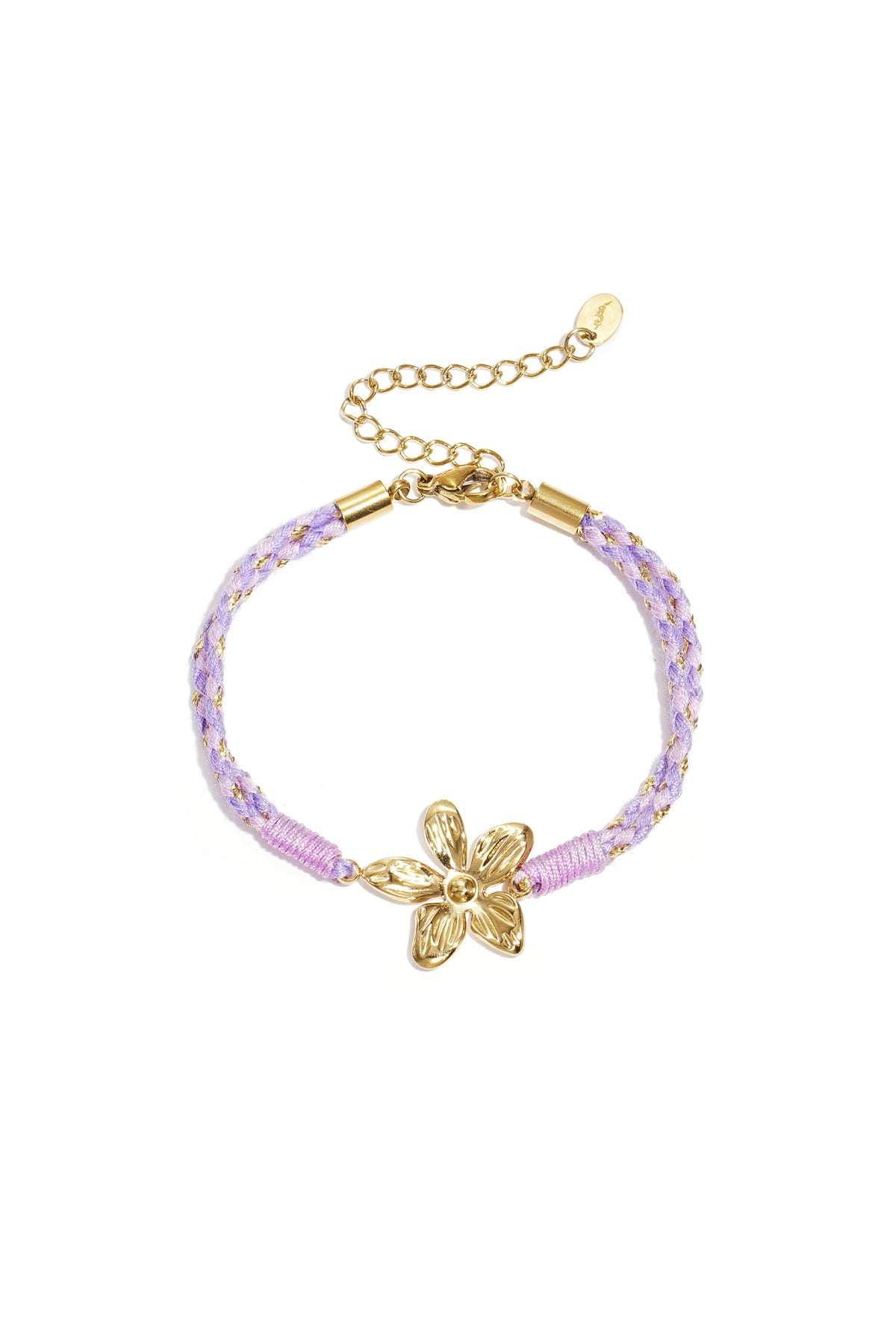 Close-up of lavender braided rope bracelet with gold flower charm and adjustable chain clasp on white background