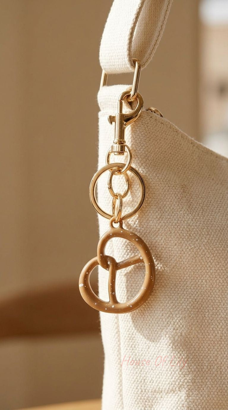 Close-up of beige resin pretzel bag charm with white speckles and gold hardware, hanging from a fabric bag strap in warm natural light.
