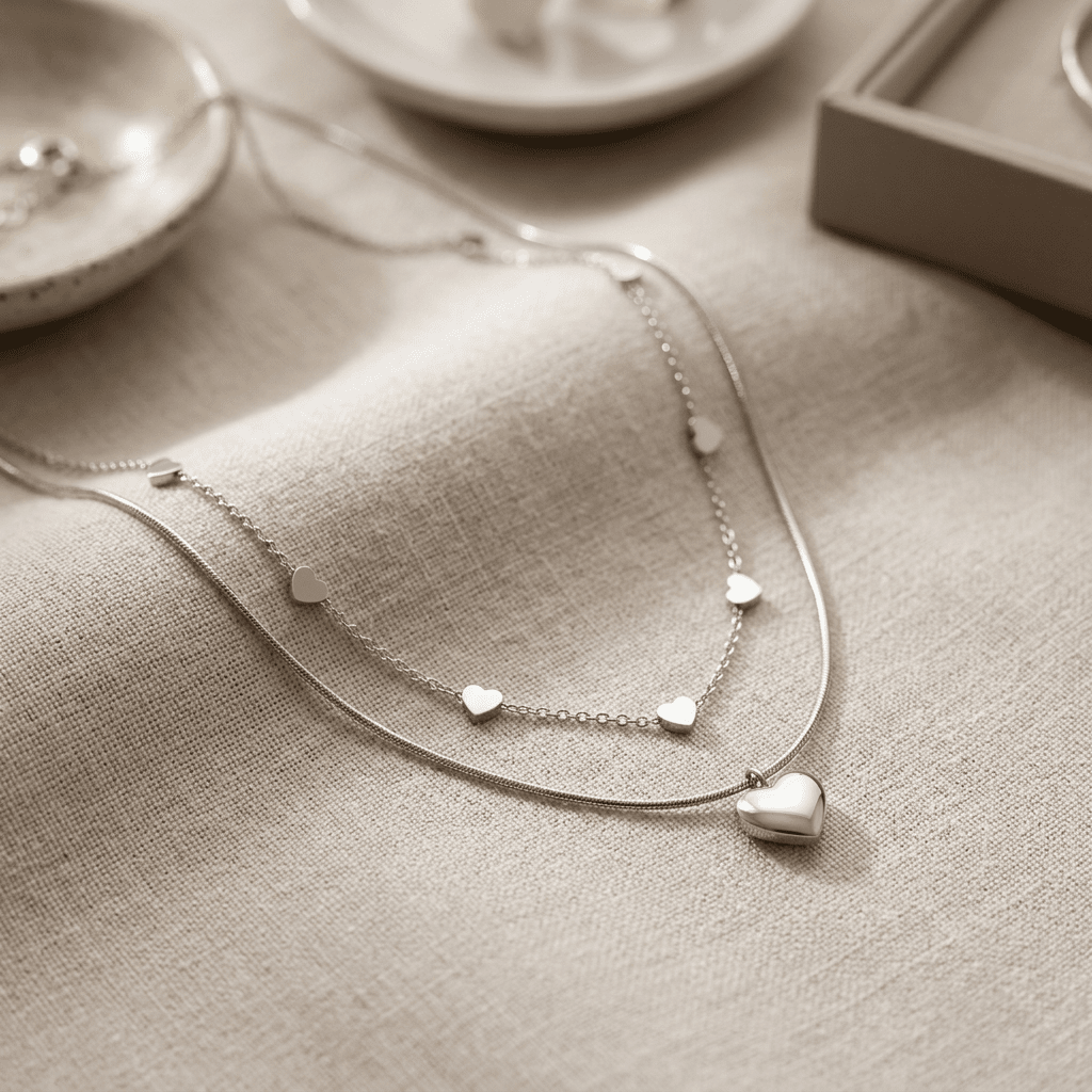 Ultra-sharp close-up of the delicate heart layered necklace highlighting fine craftsmanship, micro-texture, and silver shine on a blurred neutral background.