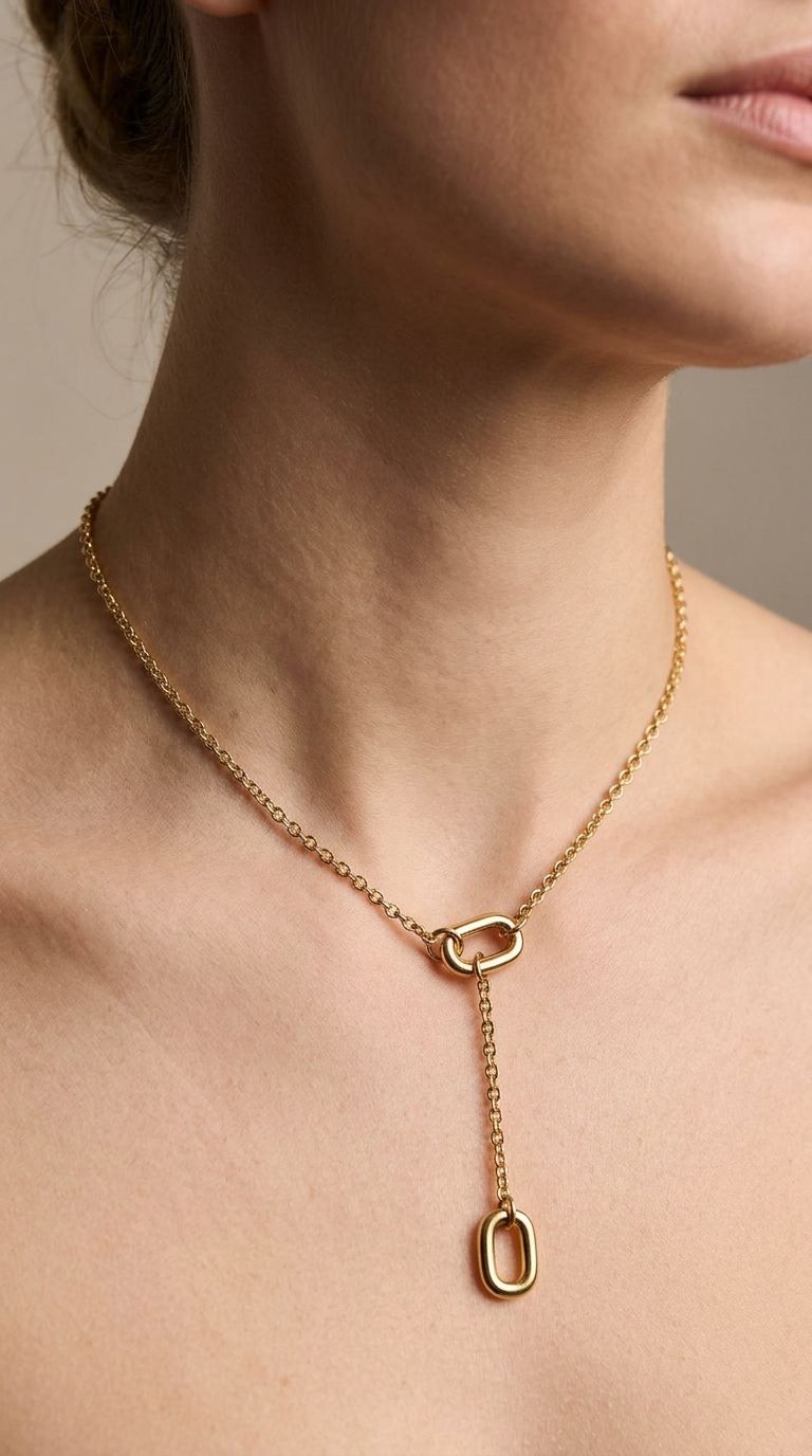 Close-up of the Golden Y Vibe necklace on a model, highlighting the Y-shaped drop and rounded links in polished gold-plated stainless steel.