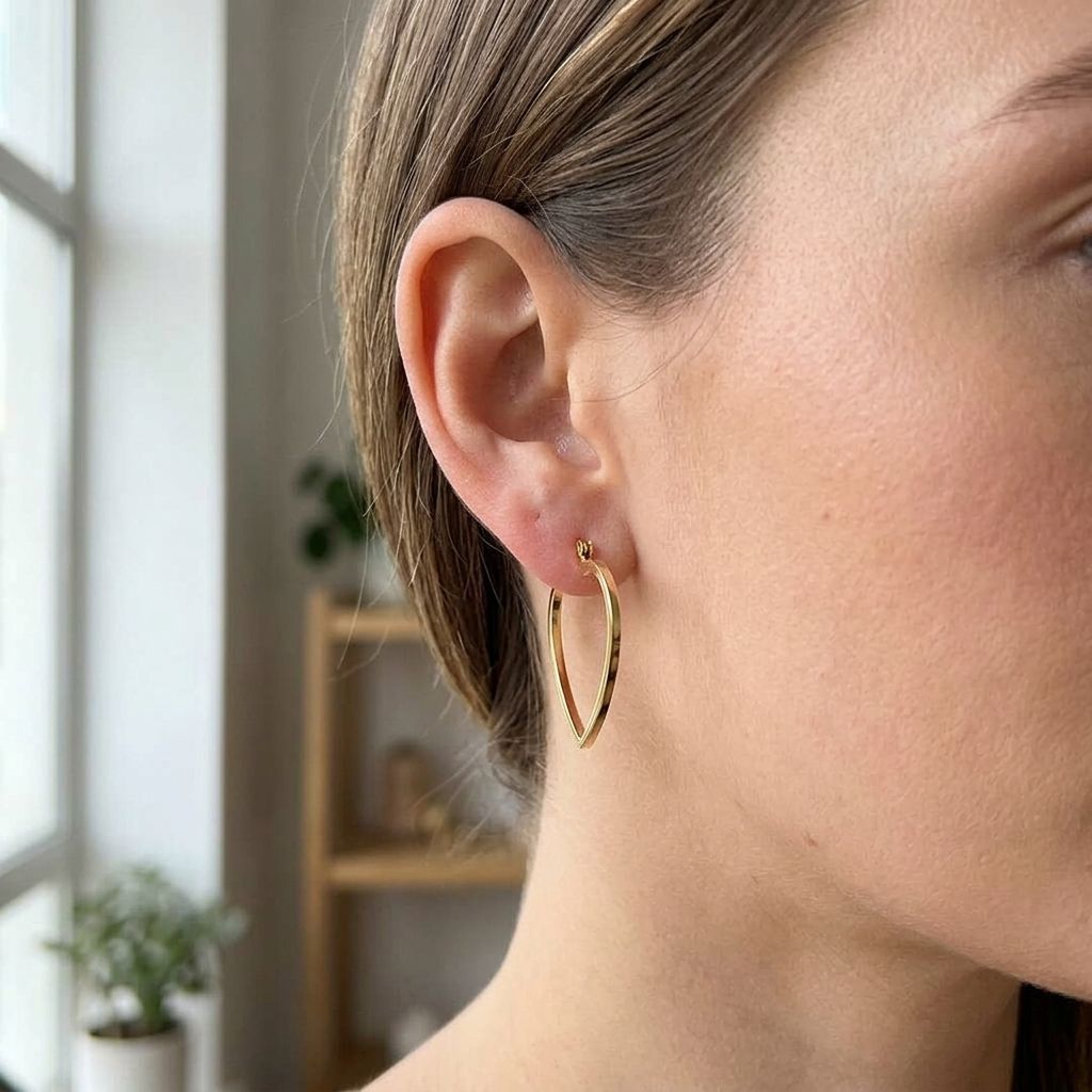 Close-up of heart-shaped stainless steel hoops hanging from a model's pierced ears with natural daylight and neutral background.