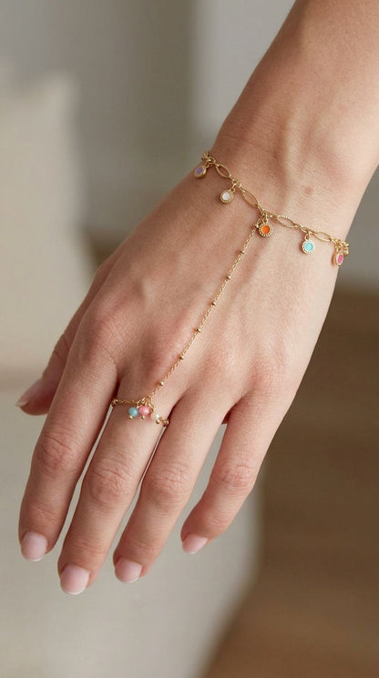 Delicate stainless steel 'Cool Vibe Chain' bracelet on a model's wrist, natural daylight, emphasizing minimalist design and subtle shine.