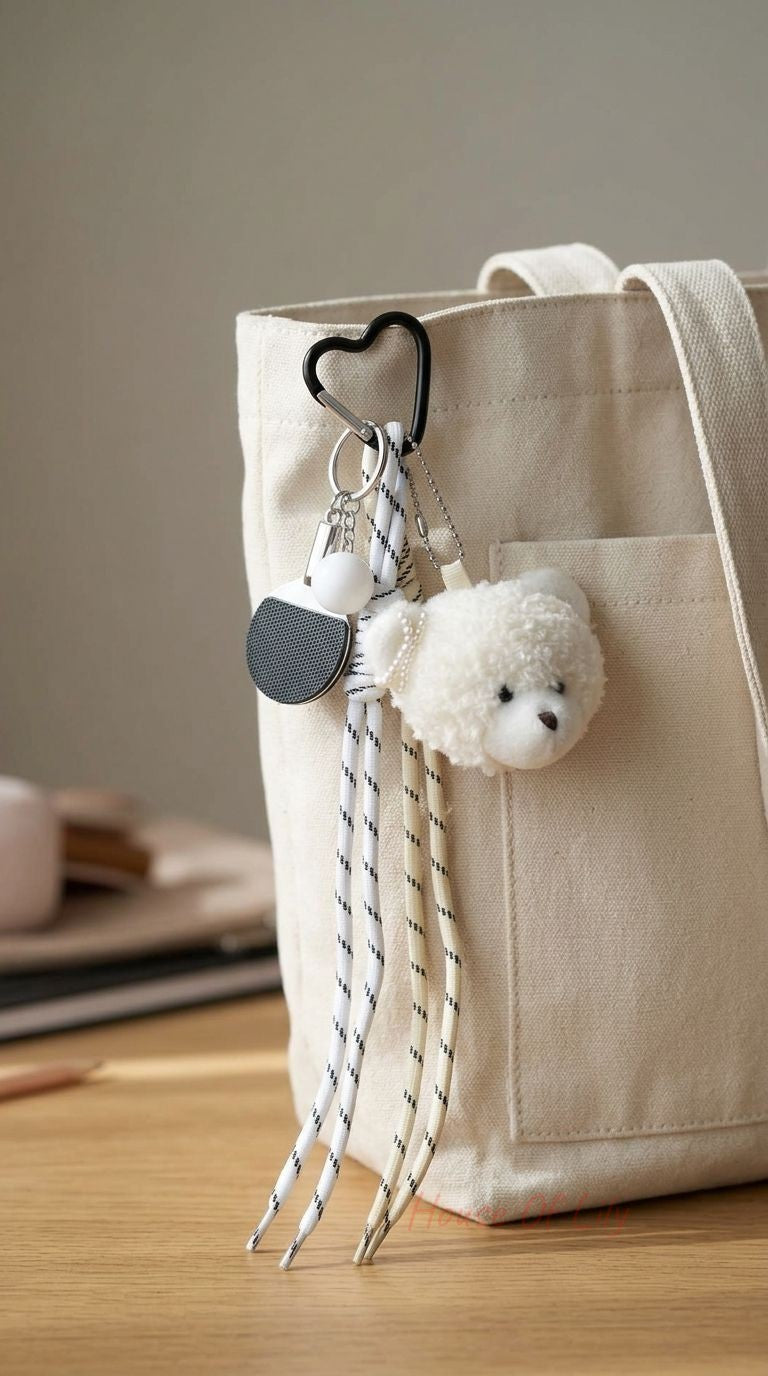 Close-up of a plush white teddy bear bag charm with pearl ear accent, striped laces, and metallic details, emphasizing texture and mini size.