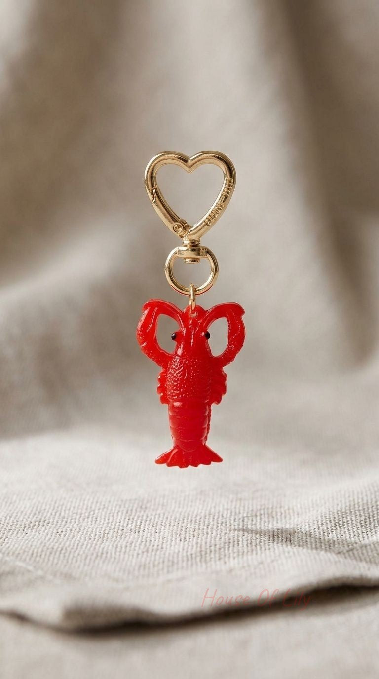 Close-up of vibrant red resin lobster keychain with shiny gold hardware on a neutral background.