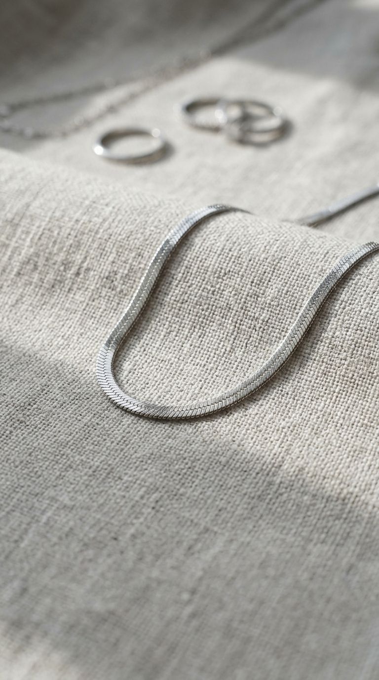 Close-up of the silver-plated stainless steel layered necklace on linen fabric, highlighting its sleek flat link pattern and high shine.