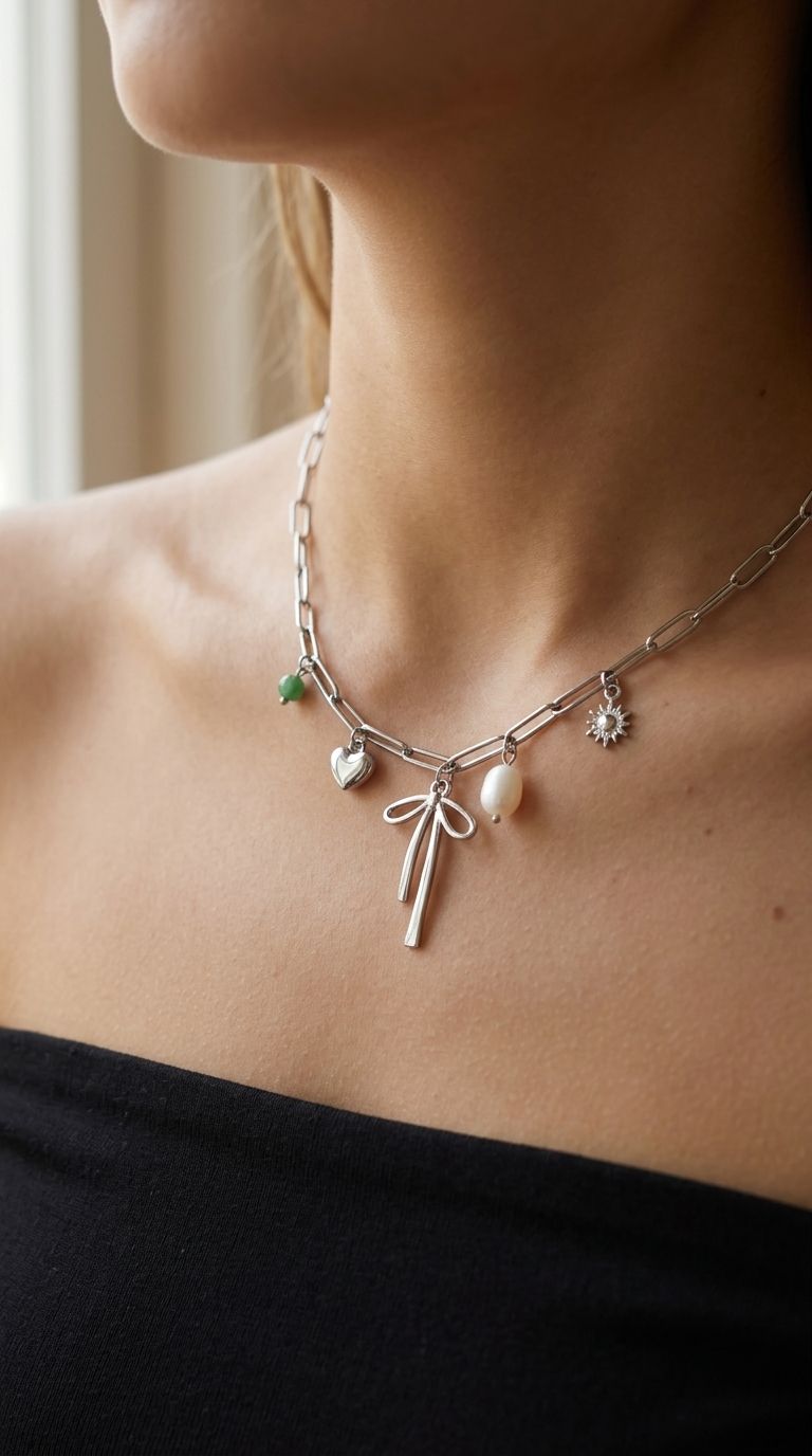 Close-up of the Coquette Bow Choker on a model's neck, highlighting the intricate bow knot and stainless steel texture in soft natural light.