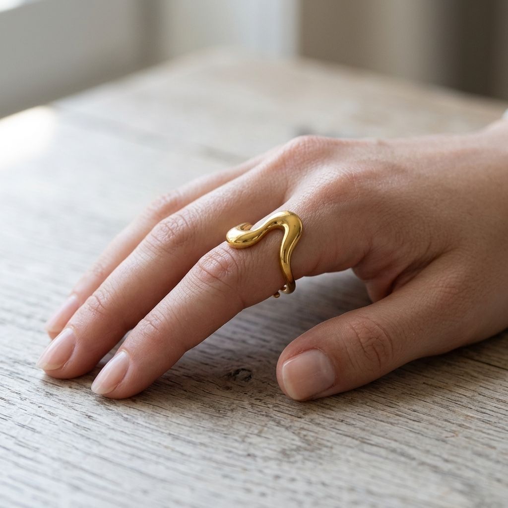 Close-up of Wavy Gravy Ring on a natural finger, highlighting its wavy stainless steel design and adjustable band, with a textured wooden surface backdrop.