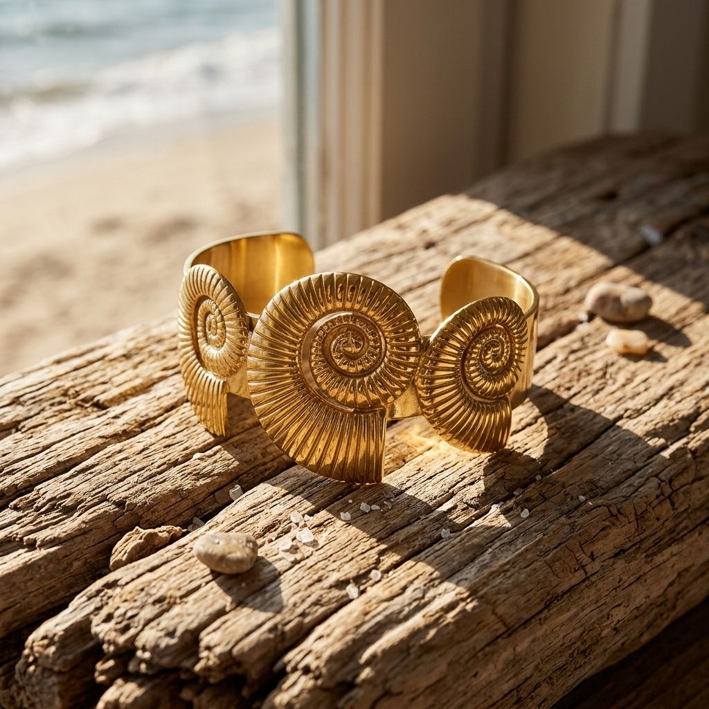 Close-up of Coastal Spiral Cuff on driftwood, highlighting shell-inspired design and polished stainless steel finish in natural sunlight.
