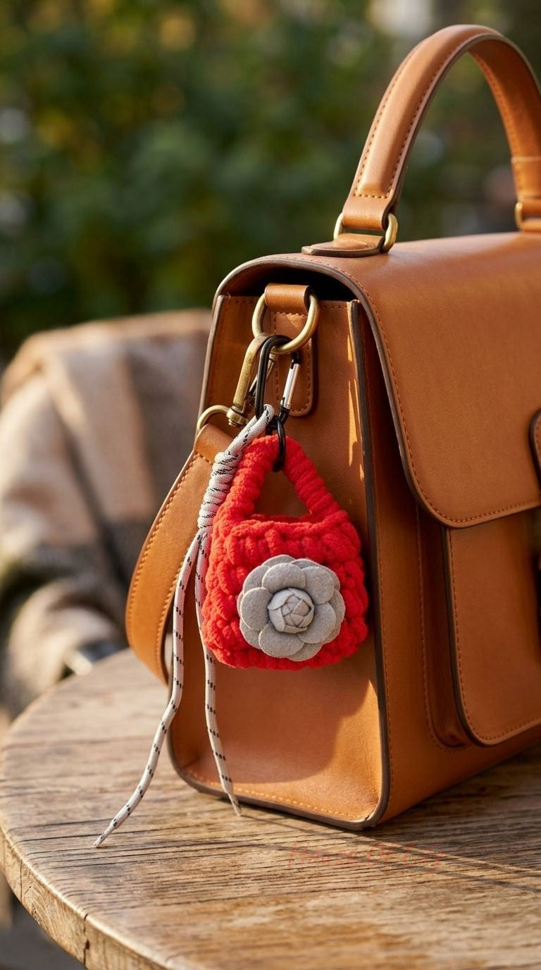 Small cozy knit bag charm with red yarn, grey felt flower, and striped laces hanging from a leather bag handle in warm natural light.