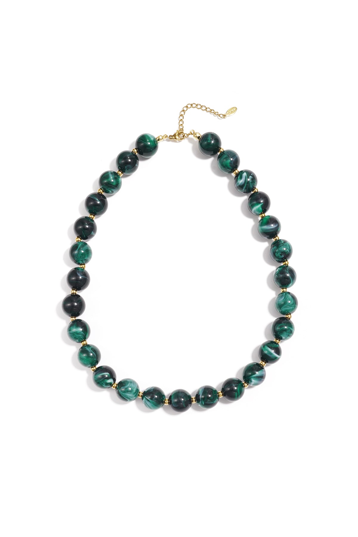 Green marbled chunky beaded necklace with gold spacer beads and adjustable gold chain on white background