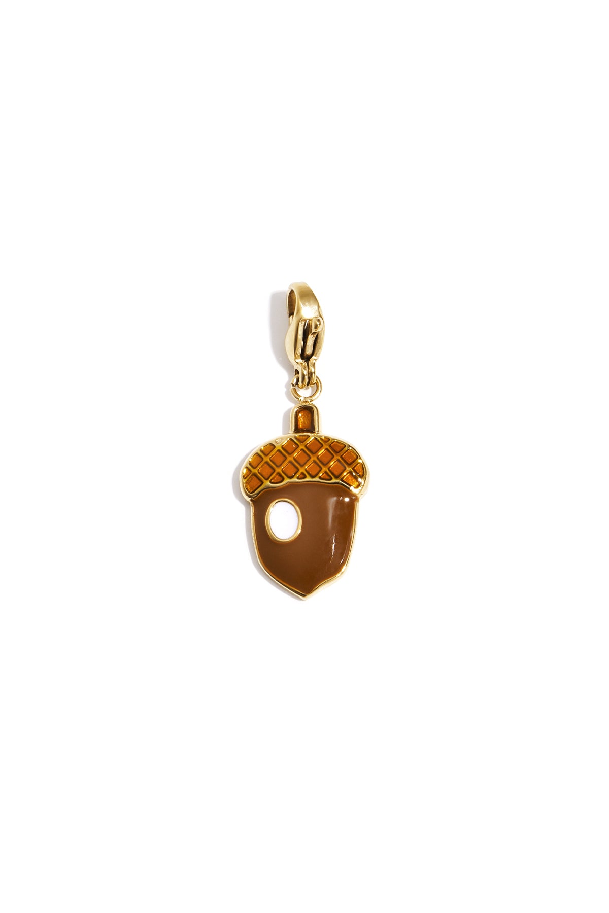 Gold and brown enamel acorn charm pendant with lobster clasp on white background