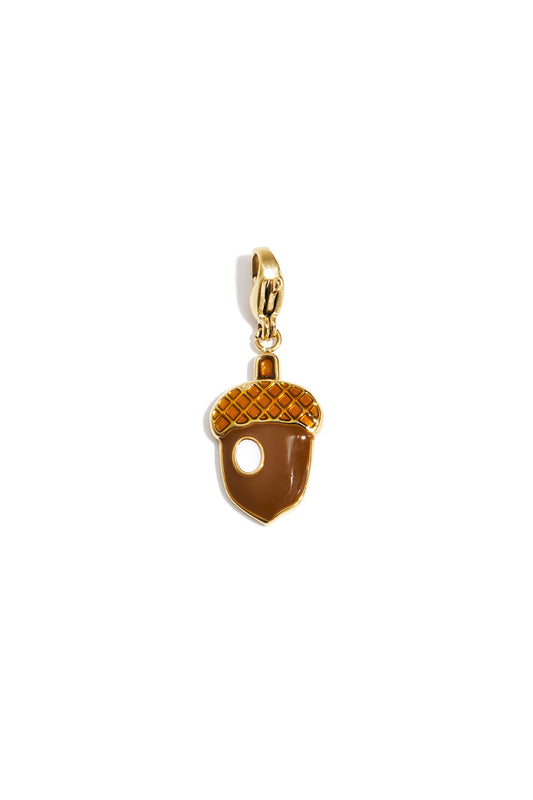 Gold and brown enamel acorn charm pendant with lobster clasp on white background