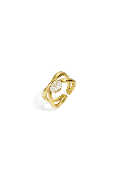 Gold-tone adjustable ring featuring a twisted band with an oval sparkling clear gemstone on a white background