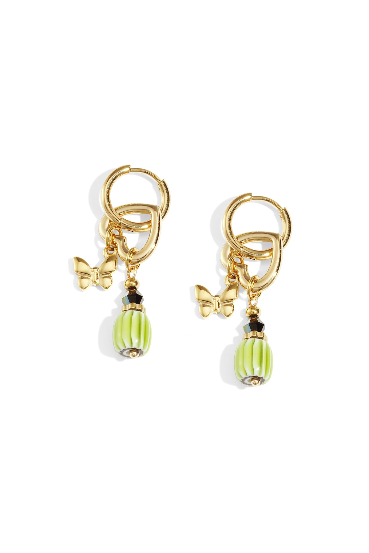 Pair of gold-tone butterfly charm drop earrings with green ribbed beads and black accent beads on white background
