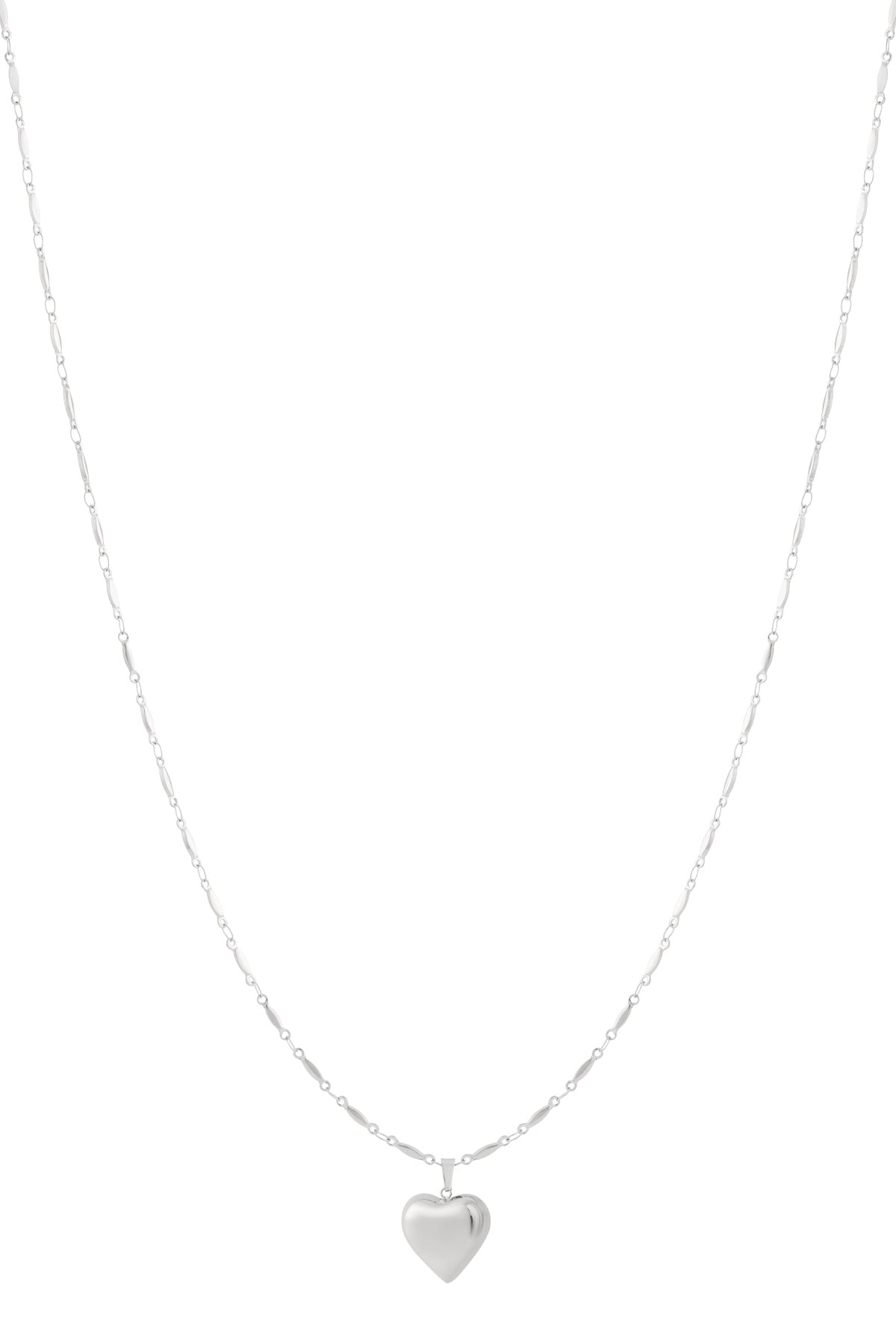 Silver heart-shaped pendant necklace with delicate chain on white background
