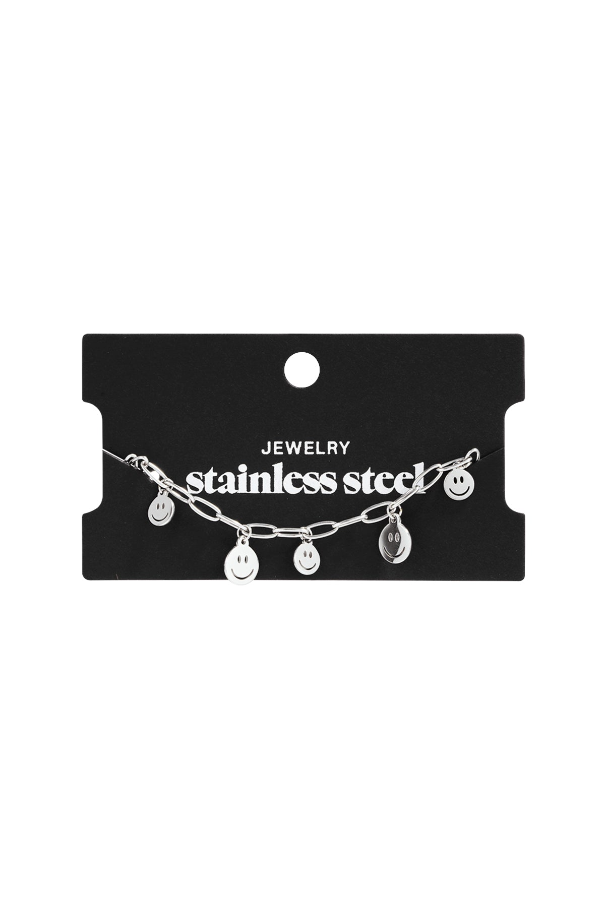 Silver stainless steel chain bracelet featuring four small dangling happy face charms on a black display card.