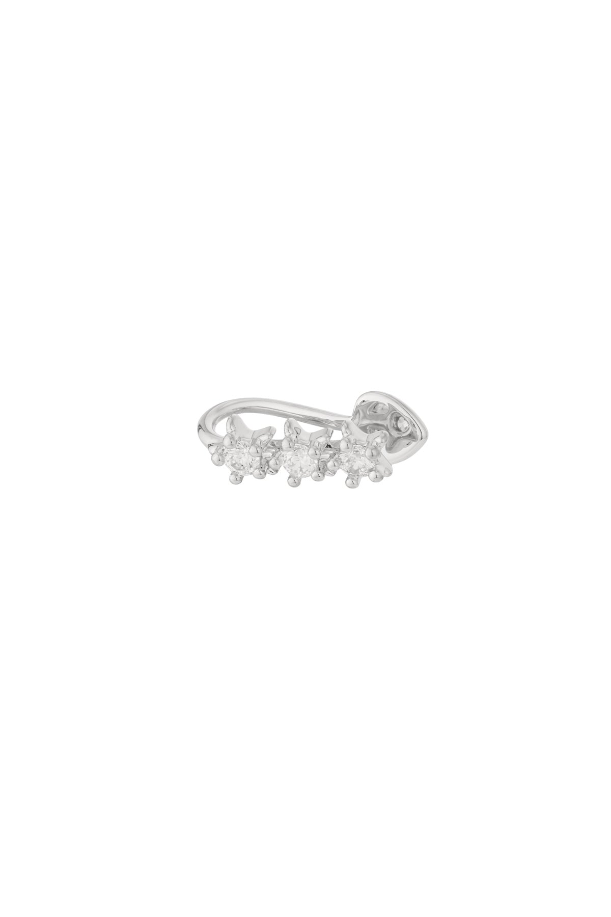 Silver version of starry ear and nose cuff with four zircon stones displayed on a white background