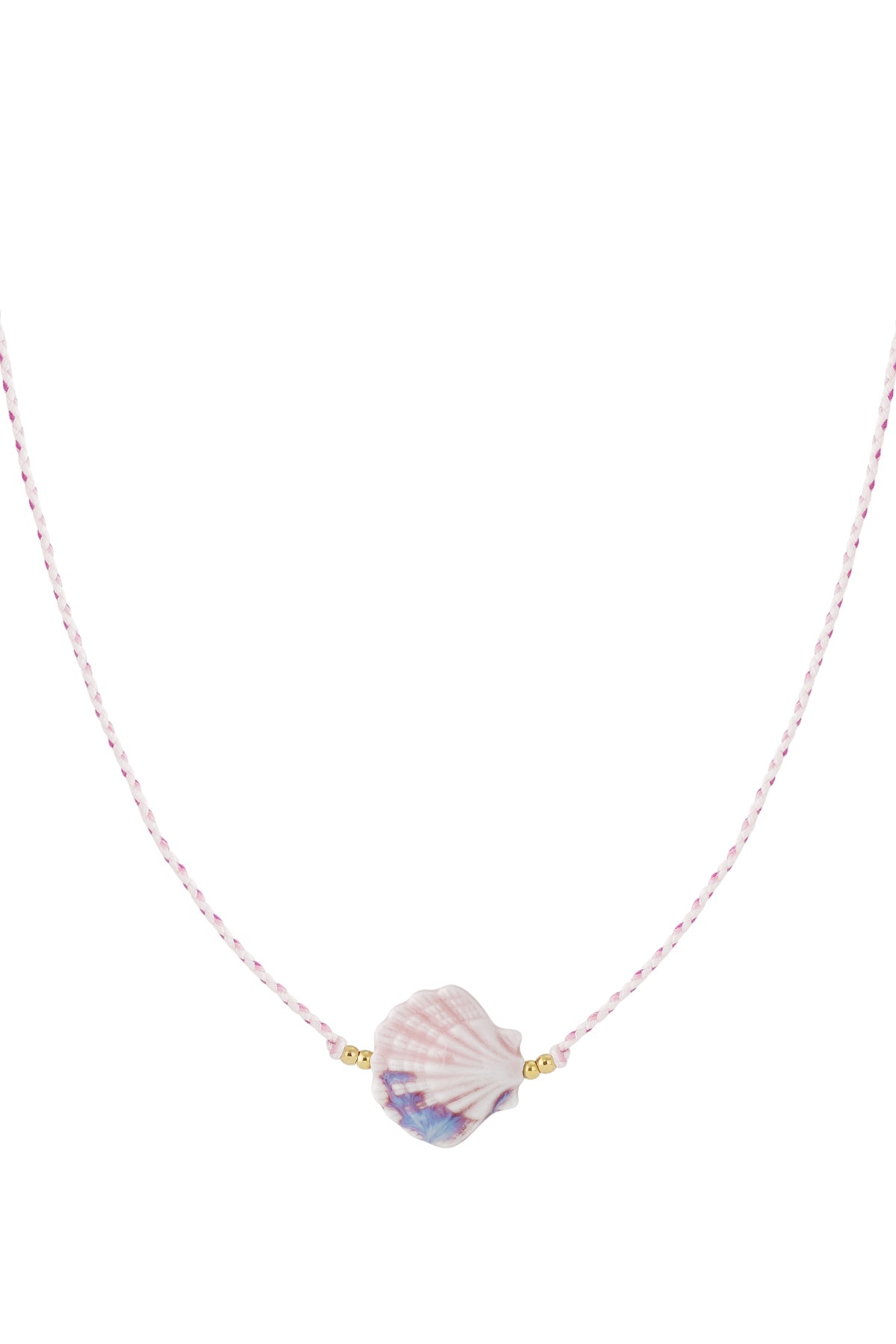 Soft pink and blue ceramic seashell pendant on braided pink and white cord with gold beads