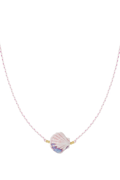 Soft pink and blue ceramic seashell pendant on braided pink and white cord with gold beads