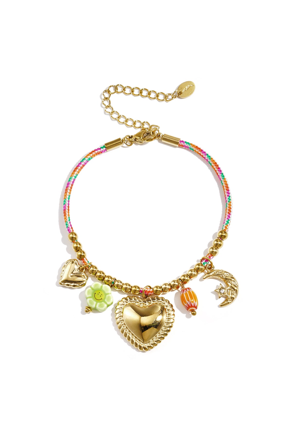 Gold charm bracelet with multicolor rope and various pendants including a large heart, green flower, orange bead, small heart, and crescent moon