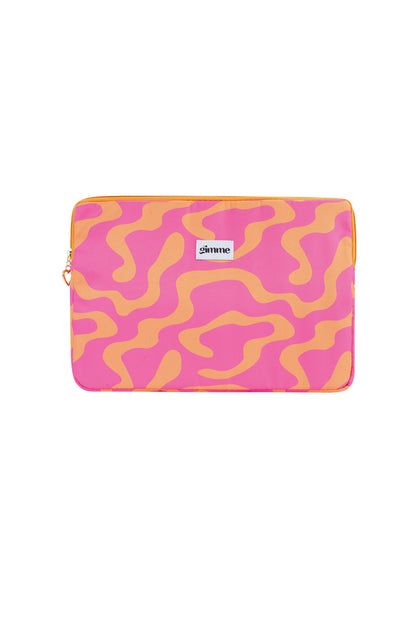 Pink and orange wavy patterned laptop sleeve with gimme brand patch and gold heart zipper pull on white background