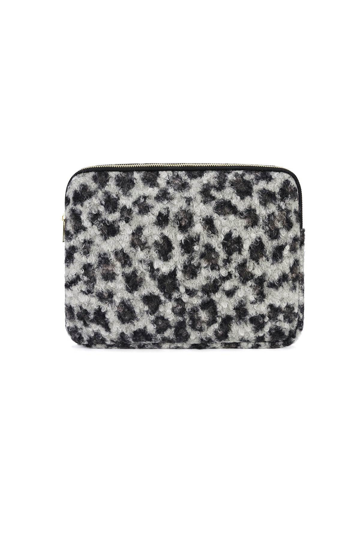 Front view of leopard print plush laptop sleeve with gold zipper on white background